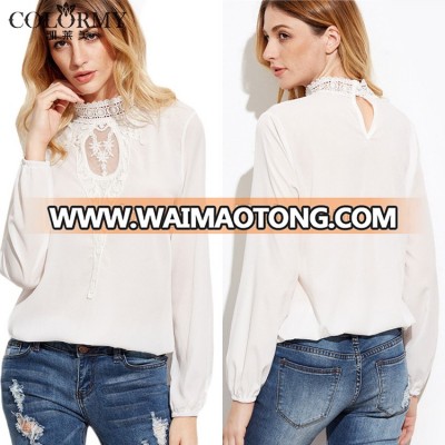 Latest design fashion lace collar chiffon long sleeve lady white blouse