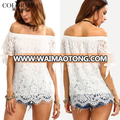 New design fashion ladies top off shoulder white lace blouse for women