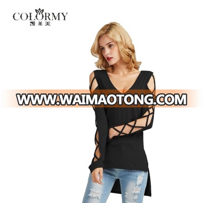 Best selling hollow out v neck long sleeve blouse for women